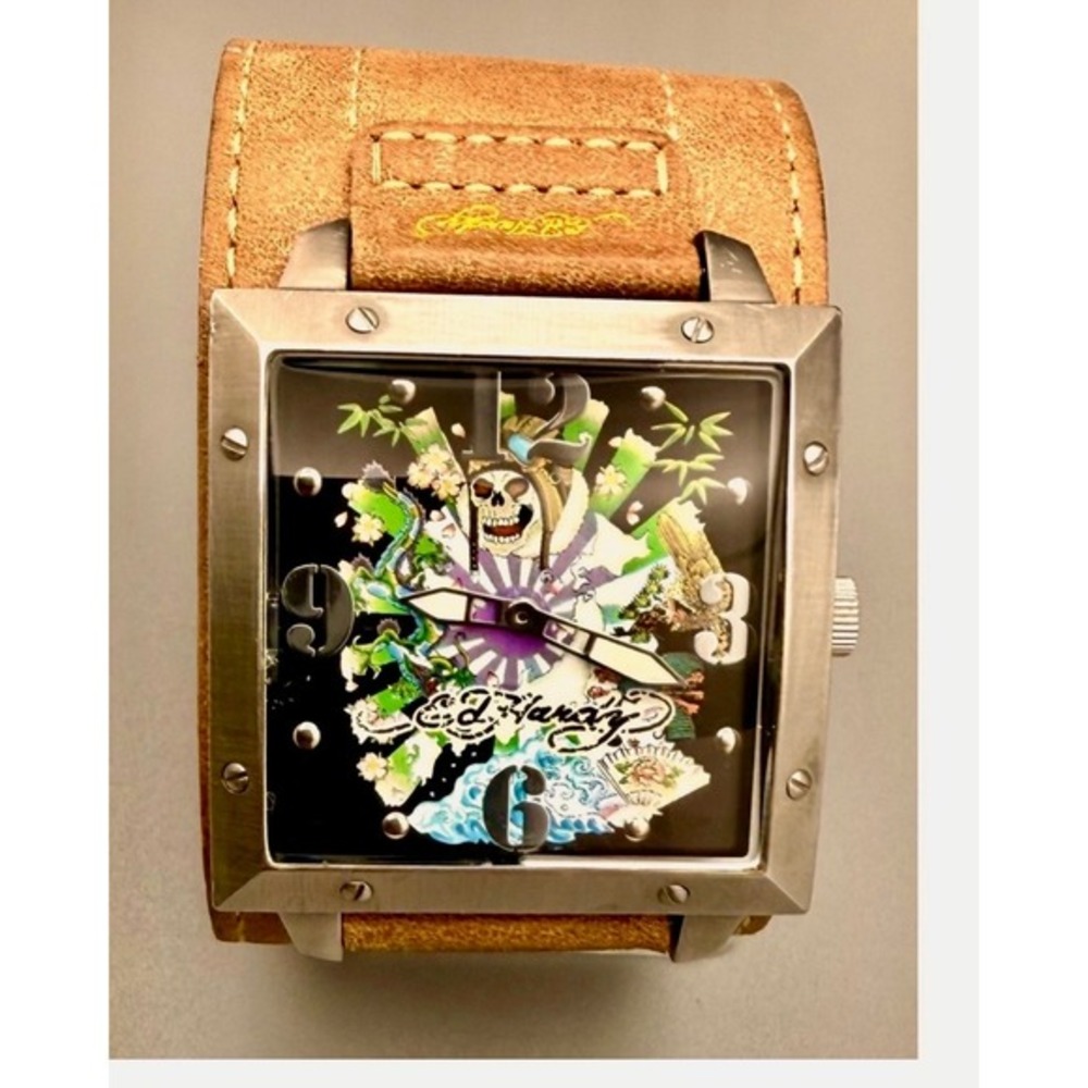 Ed Hardy Christian Audigier WA-JP0452 Skull 45mm Watch Leather Runs Quartz